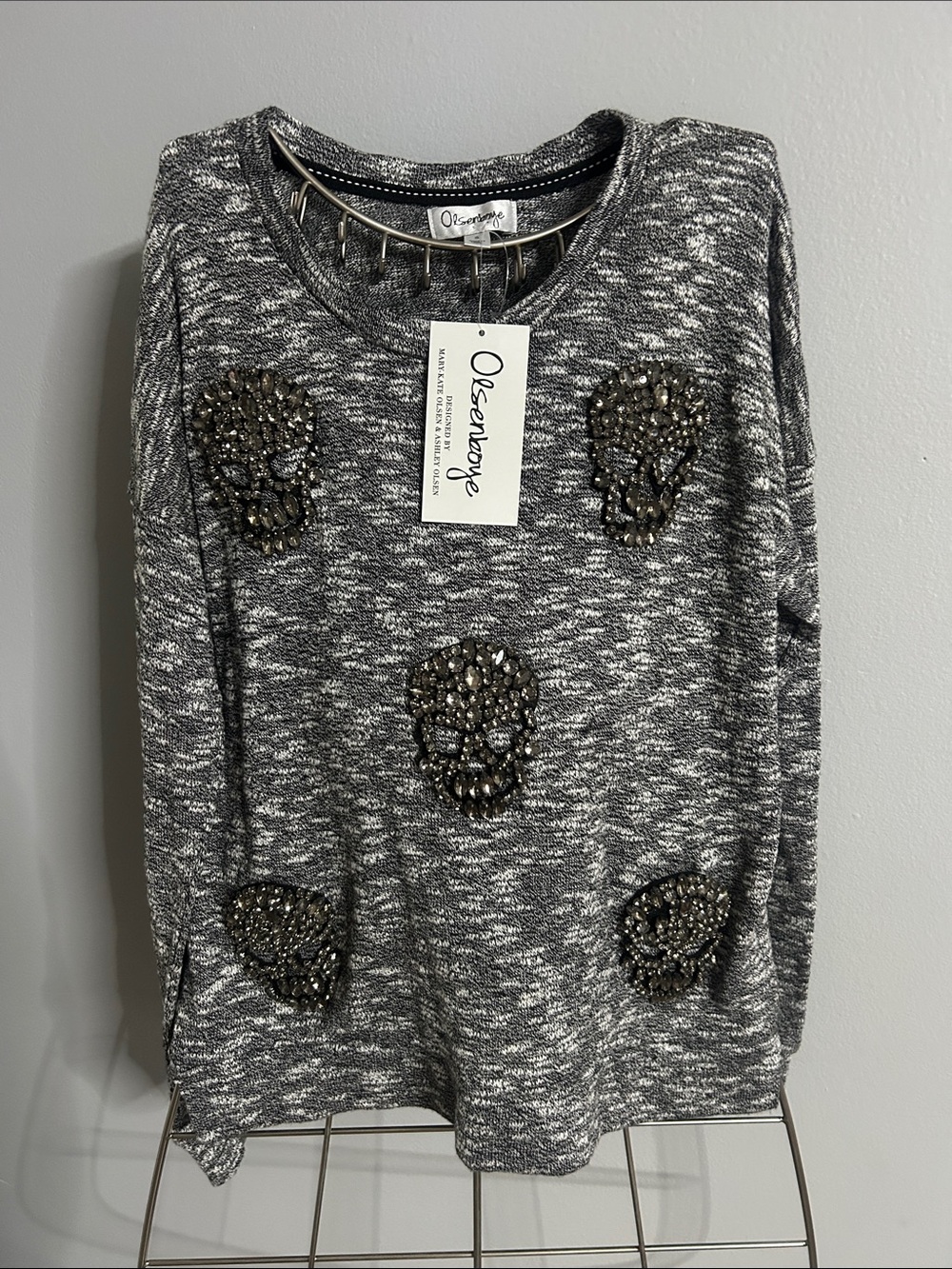 Olsenboye Grey Knit Sweater with Crystal Embellishments